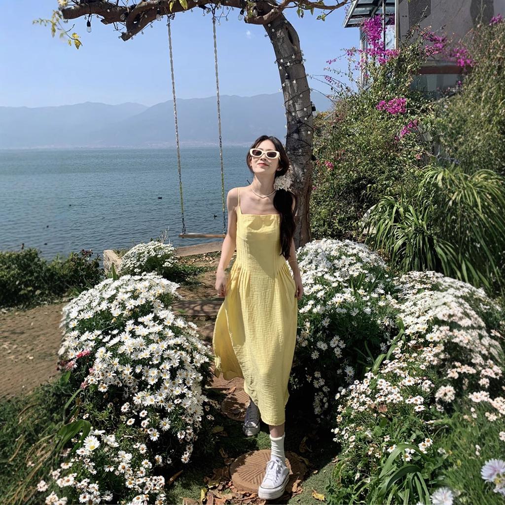 French Small Yellow Suspender Dress Women's Summer New Waist Temperament Long Dress Seaside Vacation Skirt