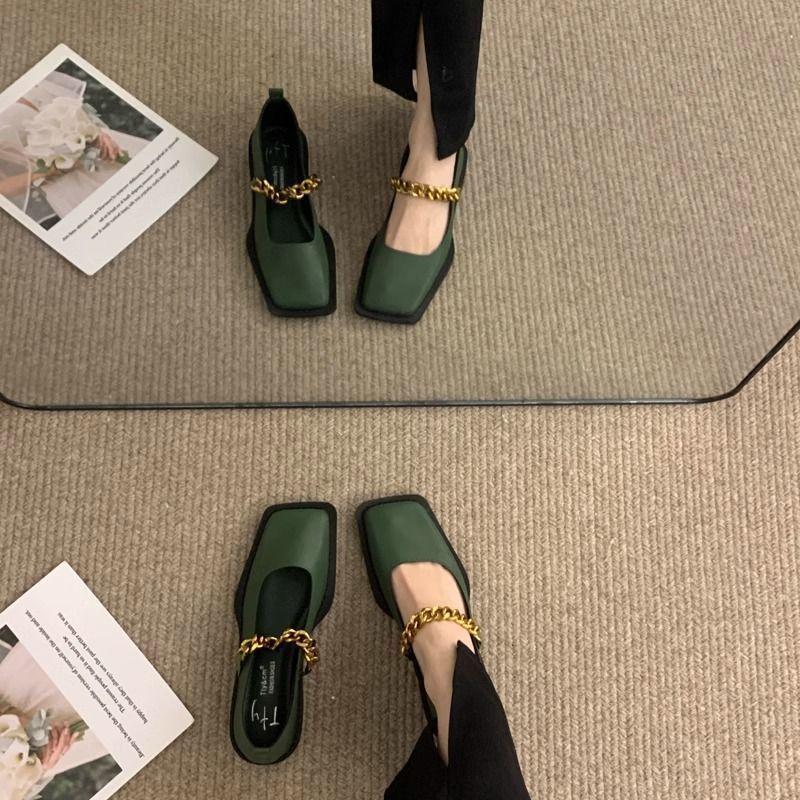 

Wind is not tired loafers metal chain casual French design feet soft sole Mary Jane small leather shoes 43 темно-зелений колір