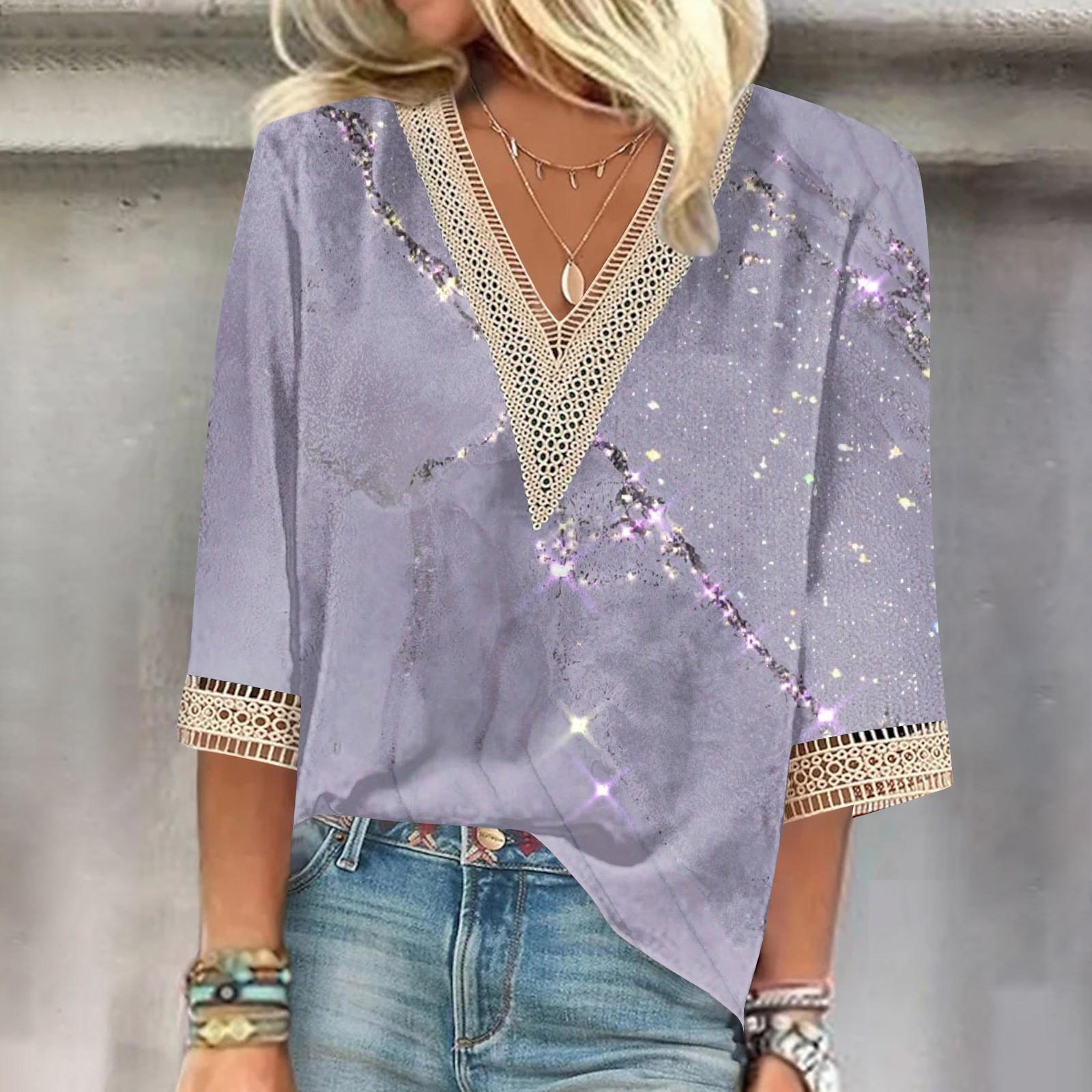 

Топы с кружевным воротником и вставками. Женские блузки. Женские повседневные топы. Рукав 3/4 с V-образным вырезом. Модные рубашки с принтом. Кружевные топы. Футболки. Пуловеры. Топы. L