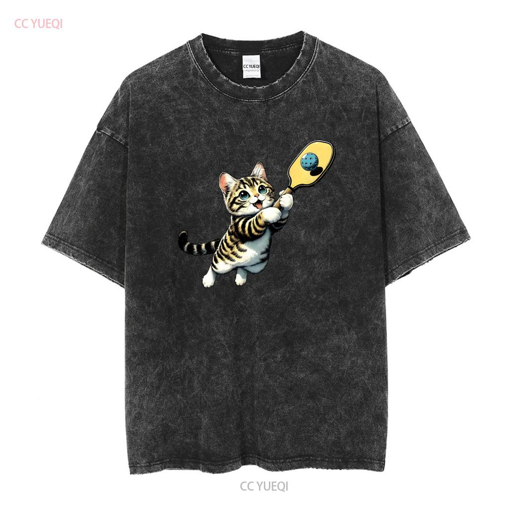 Funny Kitten Playing Pickleball Cute Cat Player T Shirt Sweat Vintage Washed Casual Top For Everyday Wear Streetwear Vintage