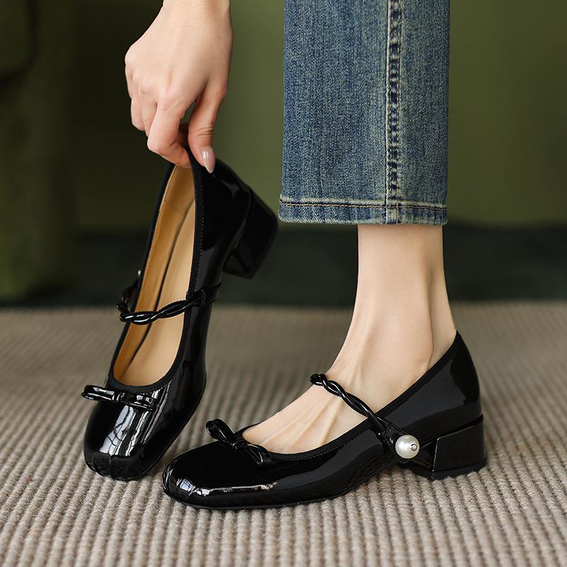 Krazing Pot Sheep Skin Spring Summer Size 41 Thick Med Heels Women Square Toe Pearl-studded Butterfly-knot Pumps