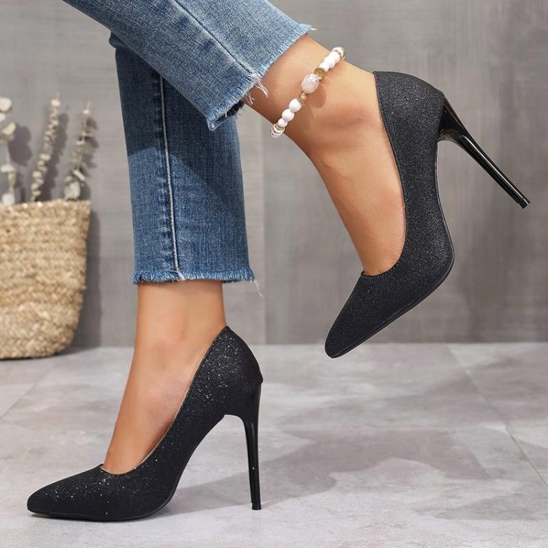 Fashion Women's Fall New Thin Heel Single Shoes Pointed Shallow Mouth Sequin A Slip-on Non-slip Quality High Heels