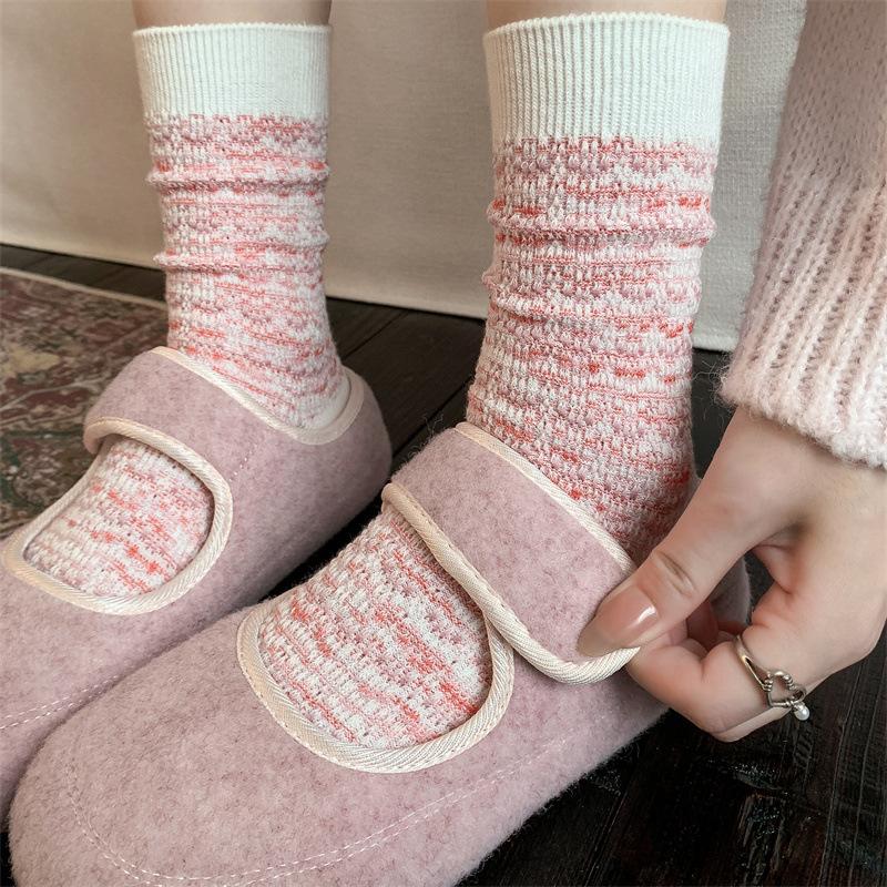 Pure Cotton Socks for Women, Thick and Warm Mid-calf Socks for Autumn and Winter, Double-needle and Double-loop Piled-up Long Socks
