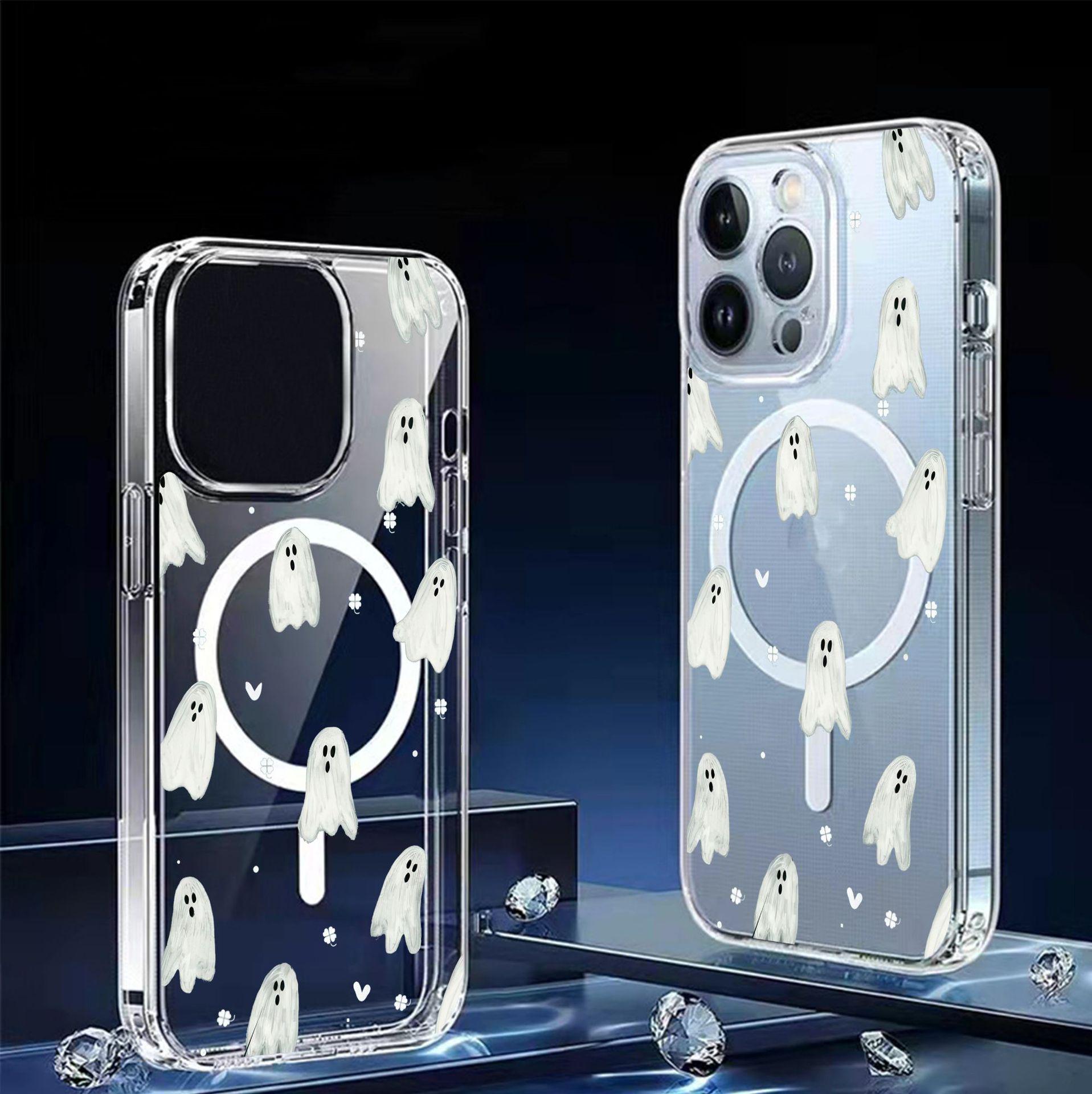 Transparent Cute Skull Magnetic Case for iPhone 15/16/17 Pro Max – Full Coverage iPhone 14 Plus