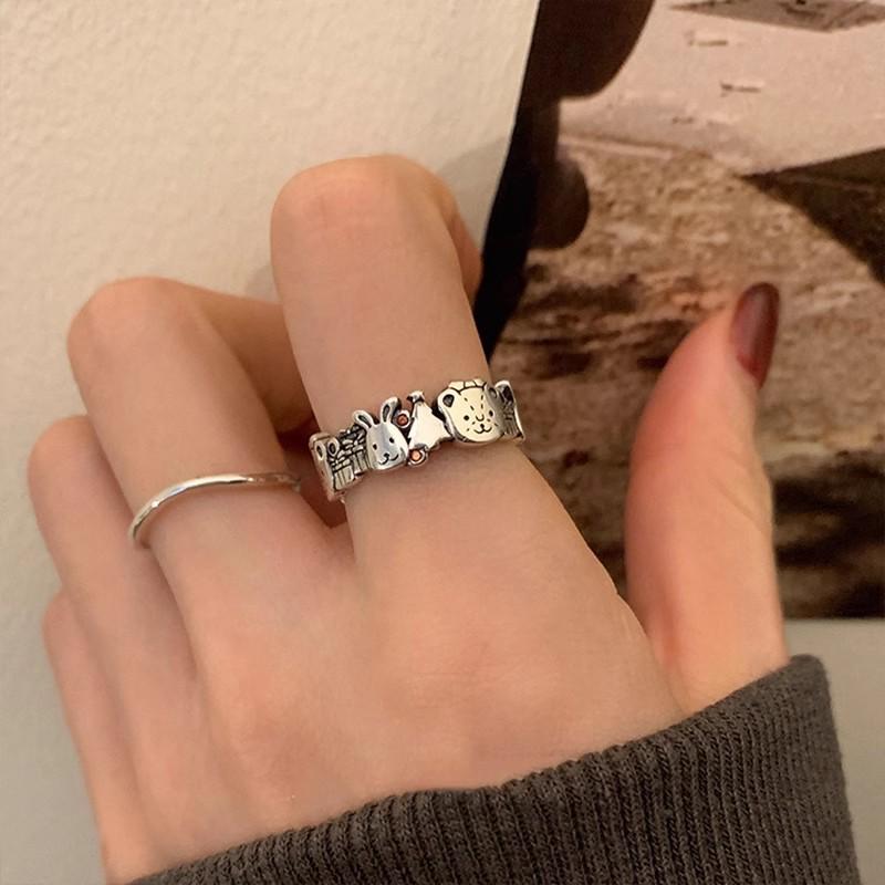 Graffiti Gingerbread Bear & Rabbit Open Ring - Women's Anime Cartoon Christmas Fashion Index Finger Accessory