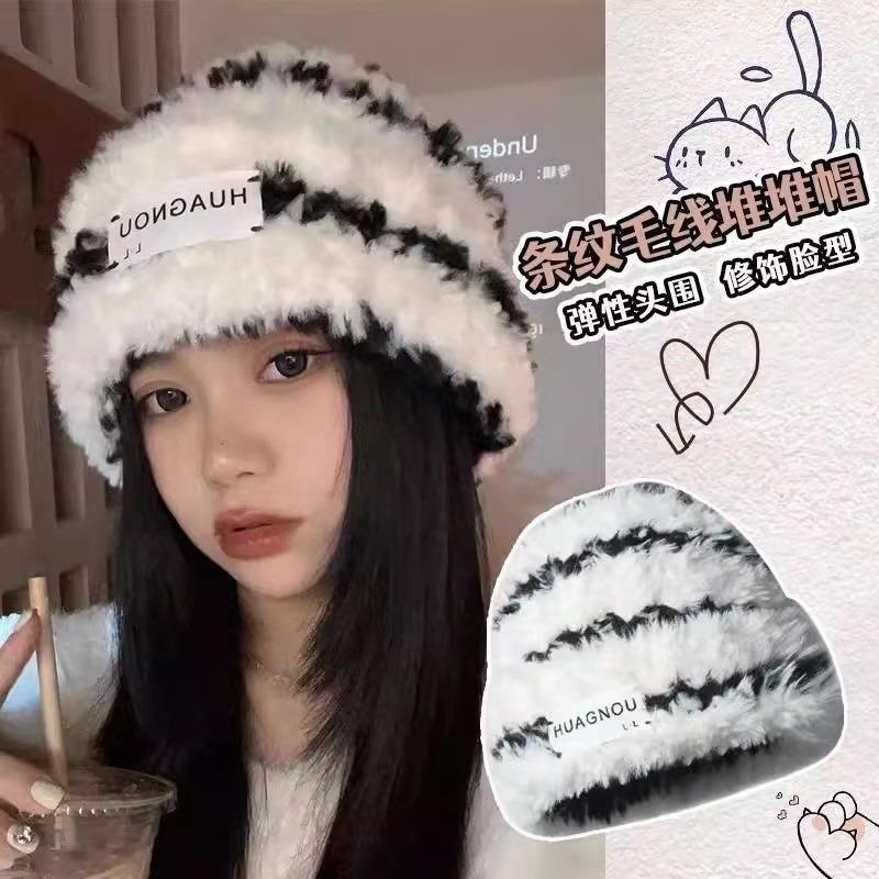 New autumn and winter thickened warm hat wool hat big head circumference pattern outdoor plush hat women