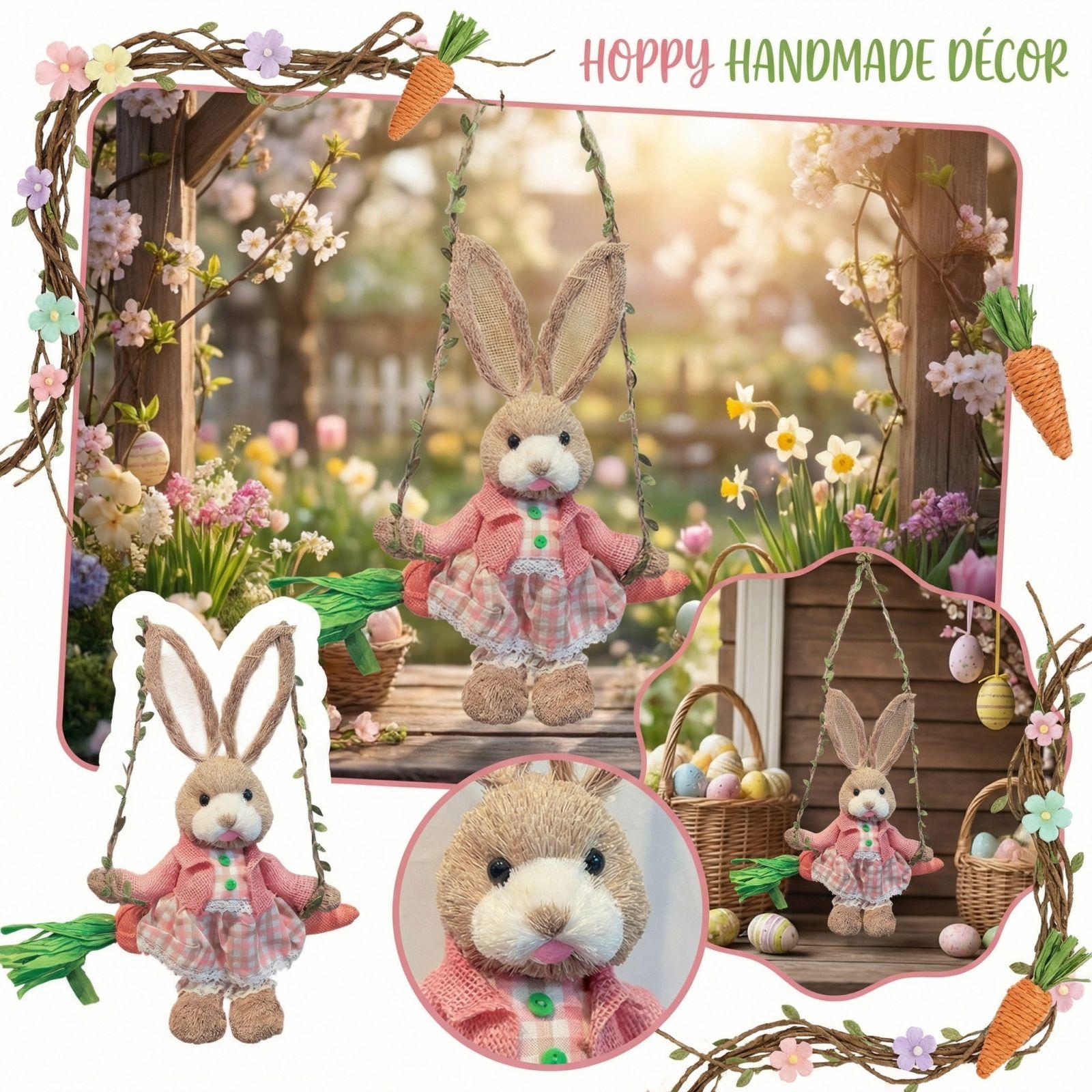 

Easter Handmade Handicraft Straw Swing Rabbits Decorative Figurine one size