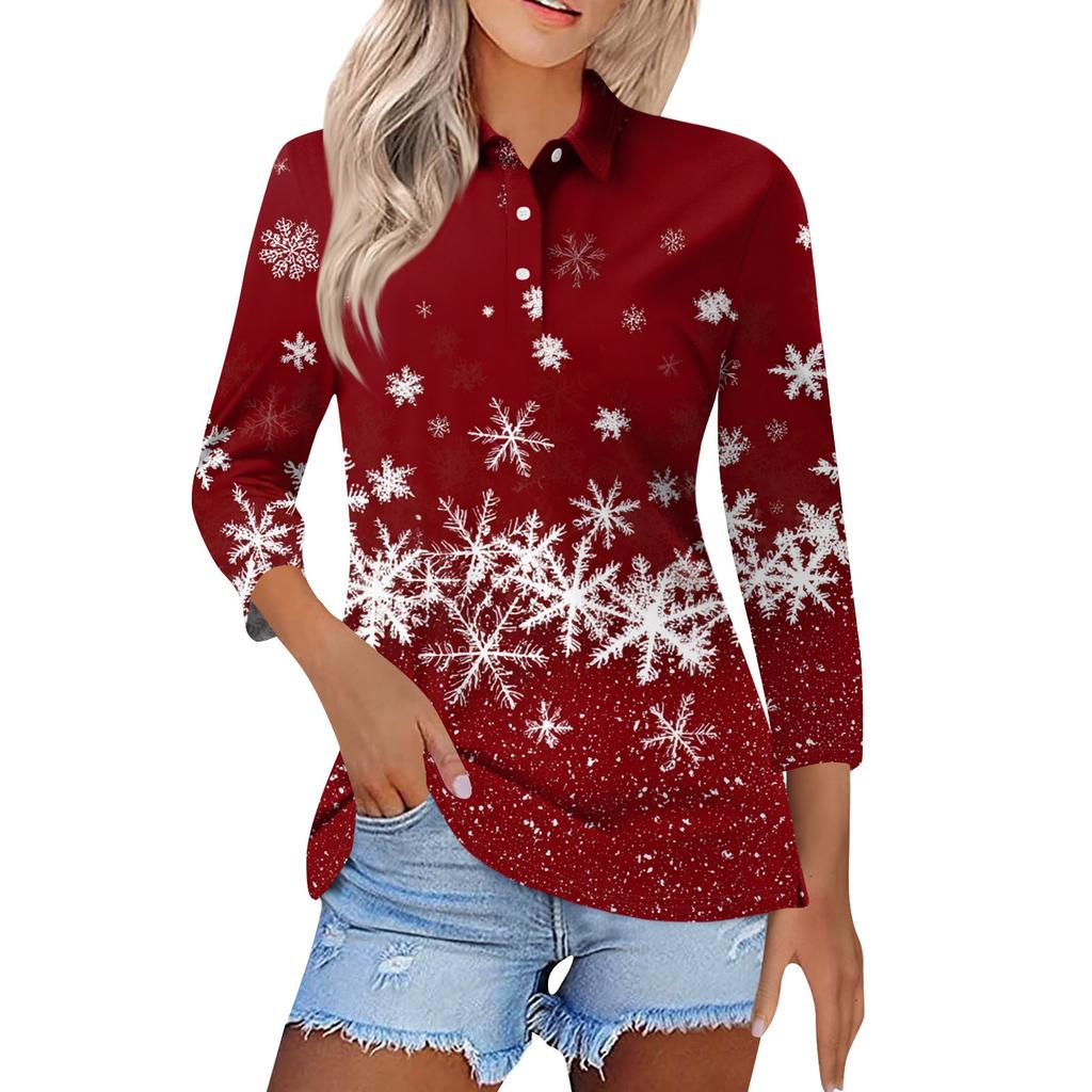 Mote dame casual revers kort 3/4 ermet juleprint skjorte dame knapp opp topper