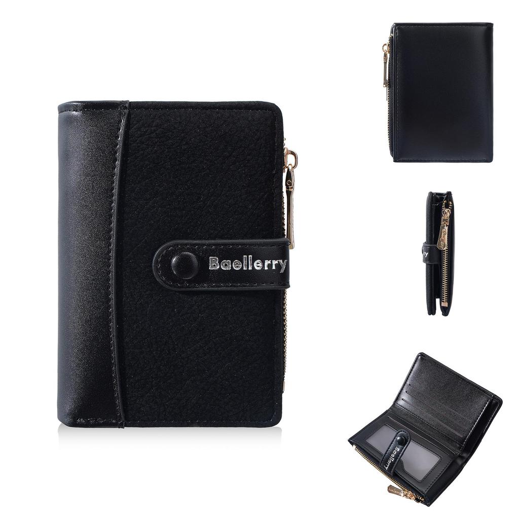 Korean Style Women's Short Wallet with Color Block, Multiple Card Slots, Money Clip, Zipper Coin Purse