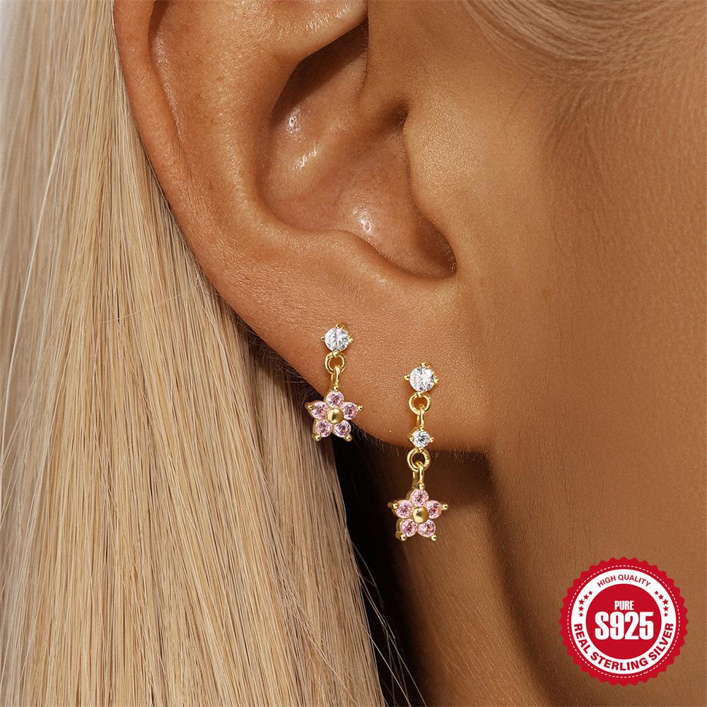 S925 Silver Niche Design Pink Zirconium Five-Petaled Flower Temperament Personality Versatile Fashion Popular Stud Earrings