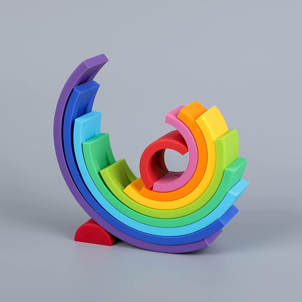 Silicone Rainbow Stacker Puzzle - Baby Stacking Toy Building Blocks, Open Ended Montessori Nesting and Sensory Fidget Toy Teether Gifts - 10 Layers