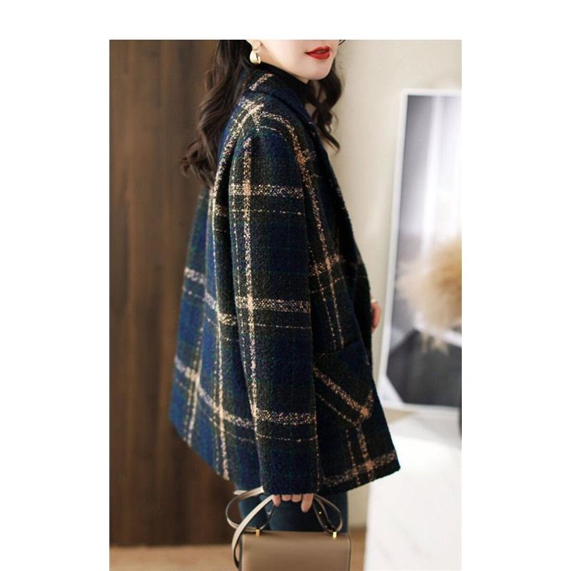 Retro Geruite Wolleren Jas Voor Dames Middellang Revers Casual Jas