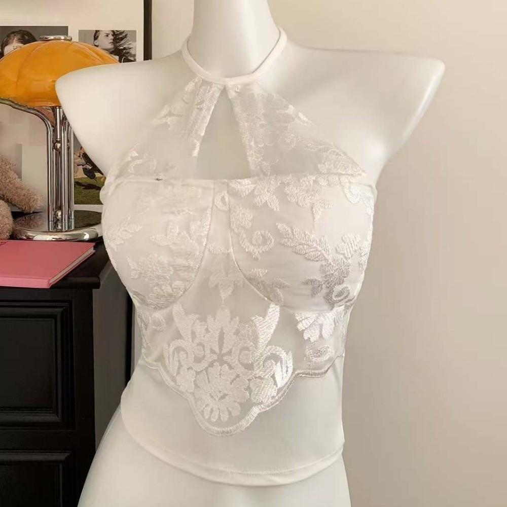 Hollow Splicing Lace Corset Hanging Neck Suspender Vest Fashion Halter Crop Tops  Women