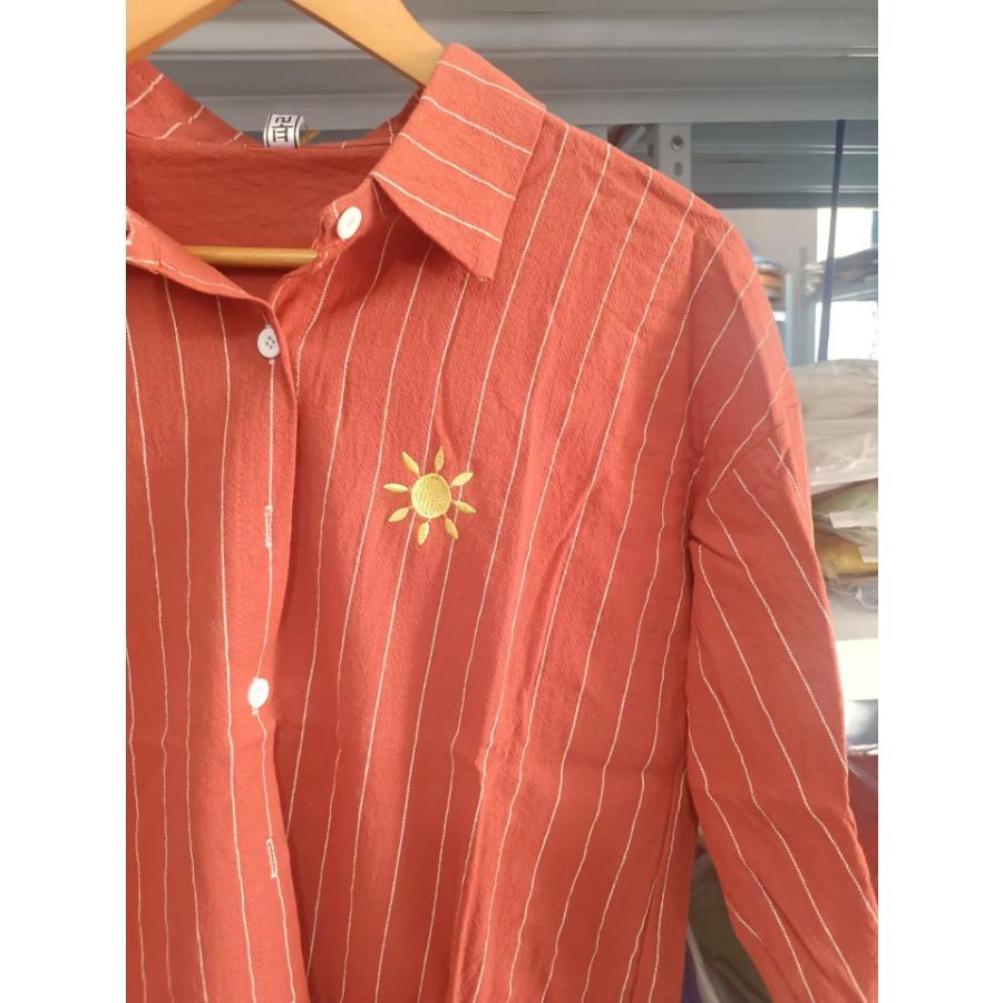 Orange&red Casual Cotton Long Sleeve Shirt Women Lapel Button Up Embroidery Sun Striped Shirts