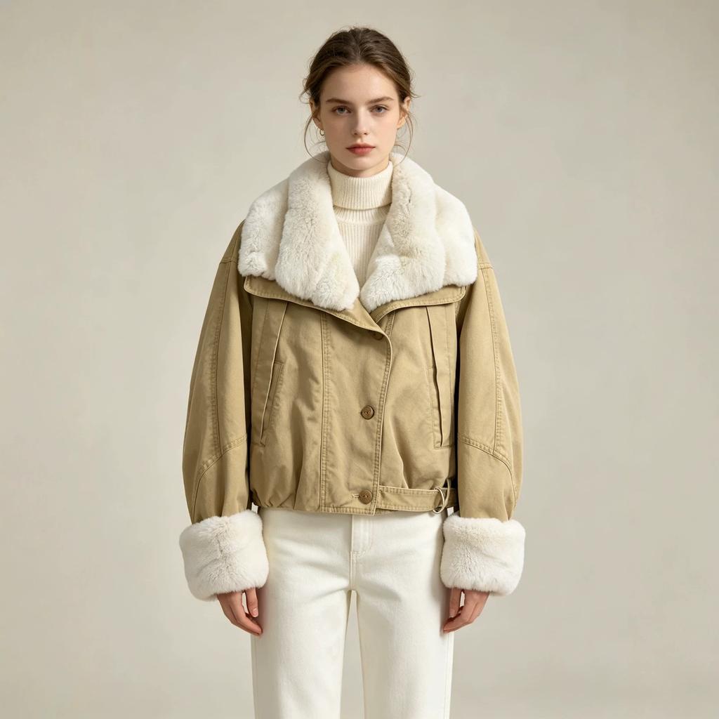 Rex rabbit fur collar fur goose down jacket Parker winter new fur integrated loose short coat women