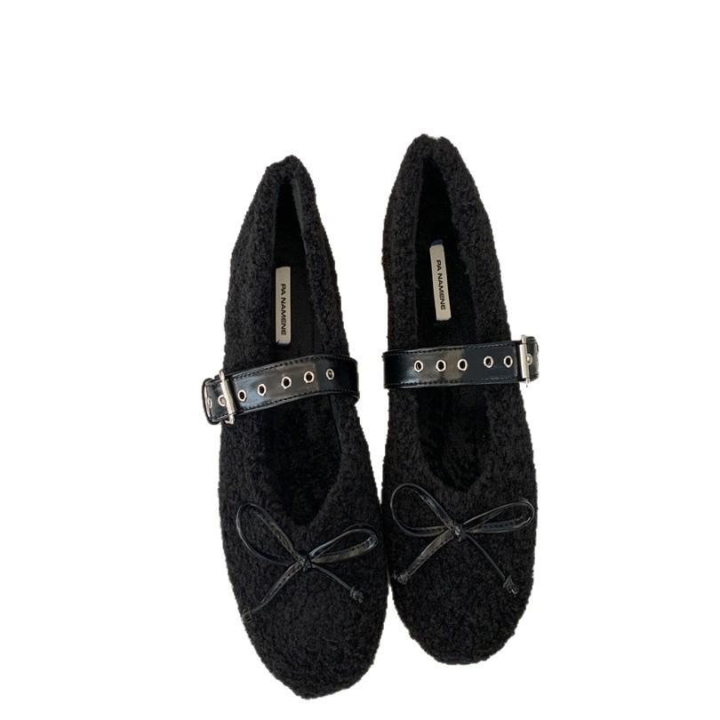 2025 autumn and winter comfortable versatile round head soft sole cotton shoes bow belt buckle flat bottom fluffy shoes