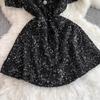 Summer Women Sweet Peter Pan Collar Black Sequined Diamonds Button Mini Short Fairy Princess Party Dresses