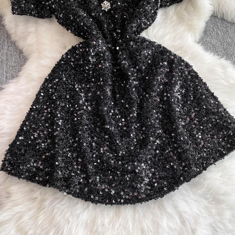 Summer Women Sweet Peter Pan Collar Black Sequined Diamonds Button Mini Short Fairy Princess Party Dresses