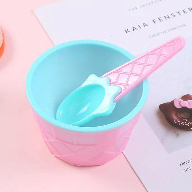 Ice Cream Serving Bowl Set with Spoons - Double Layer Cartoon Plastic Bowls for Creative Desserts