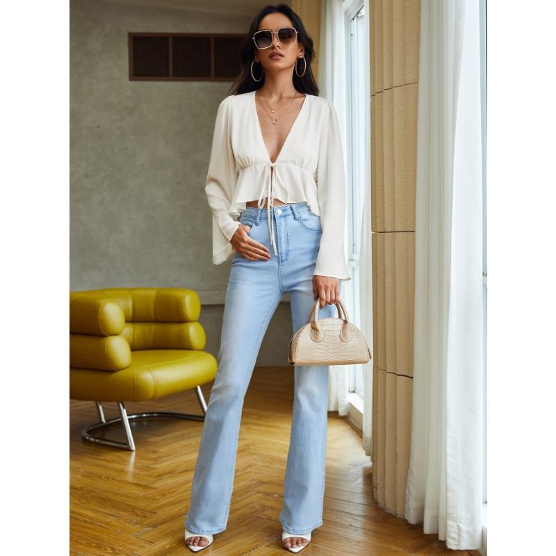 Women's Sexy Strappy Cardigan T-shirt Short V-neck Loose Long-sleeved Top