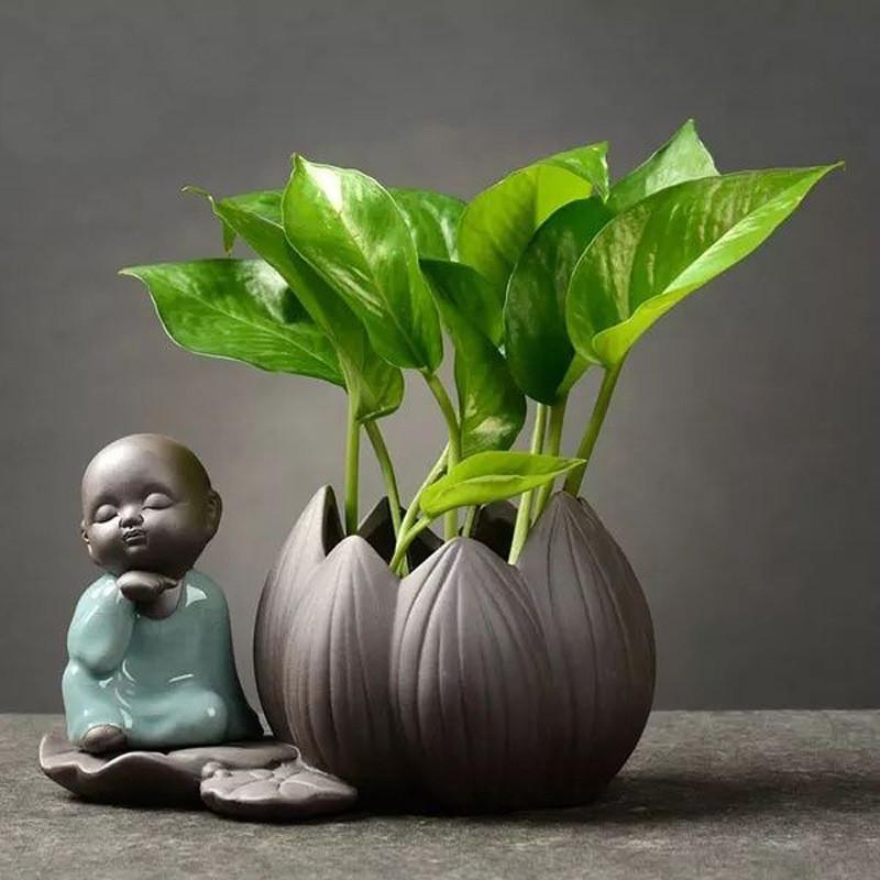DXUIALOI Neu Chinesisch Kreativ Hydrokultur Pflanzen Chrysantheme Kupfer Geld Blumentopf Vase Zen Keramik Handwerk Heimdekoration