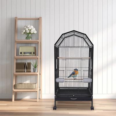40-Inch Wrought Iron Bird Cage with Open-Top and Rolling Stand, Movable Parrot Cage Pet Bird Flight Cage, 360 Degree View
