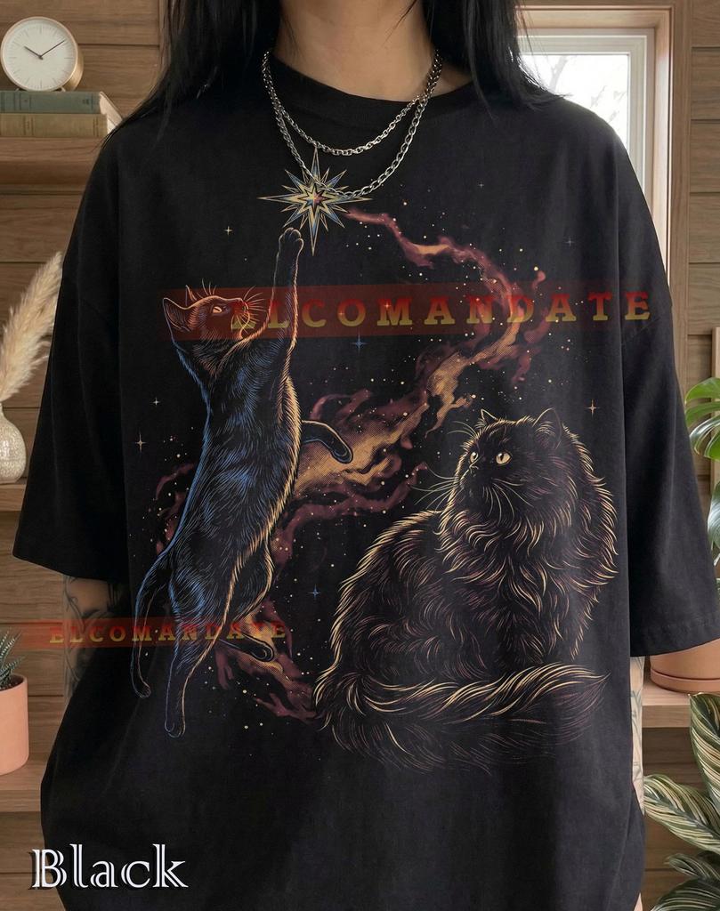 Cats Space Galaxy Cosmic Nebula Comfort Colors® Tshirt, Reaching For Stars Magic Celestial Vintage Retro Animal Lover Felines Tee