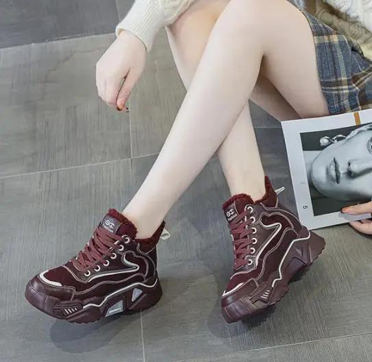 Mode Hohe Qualität 6CM Echtes Leder Herbst Winter Warm Damen Stiefeletten Frühling Plüschschuhe Leder Plateau Stiefel Sneakers Keil