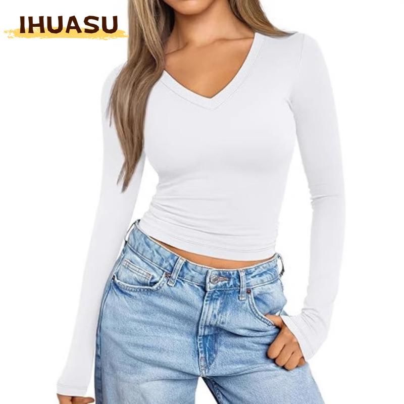 IHUASU Damen Mode Lässig Einfarbiger Druck Langarm V-Ausschnitt Blusen & Hemden Einzigartiges Design