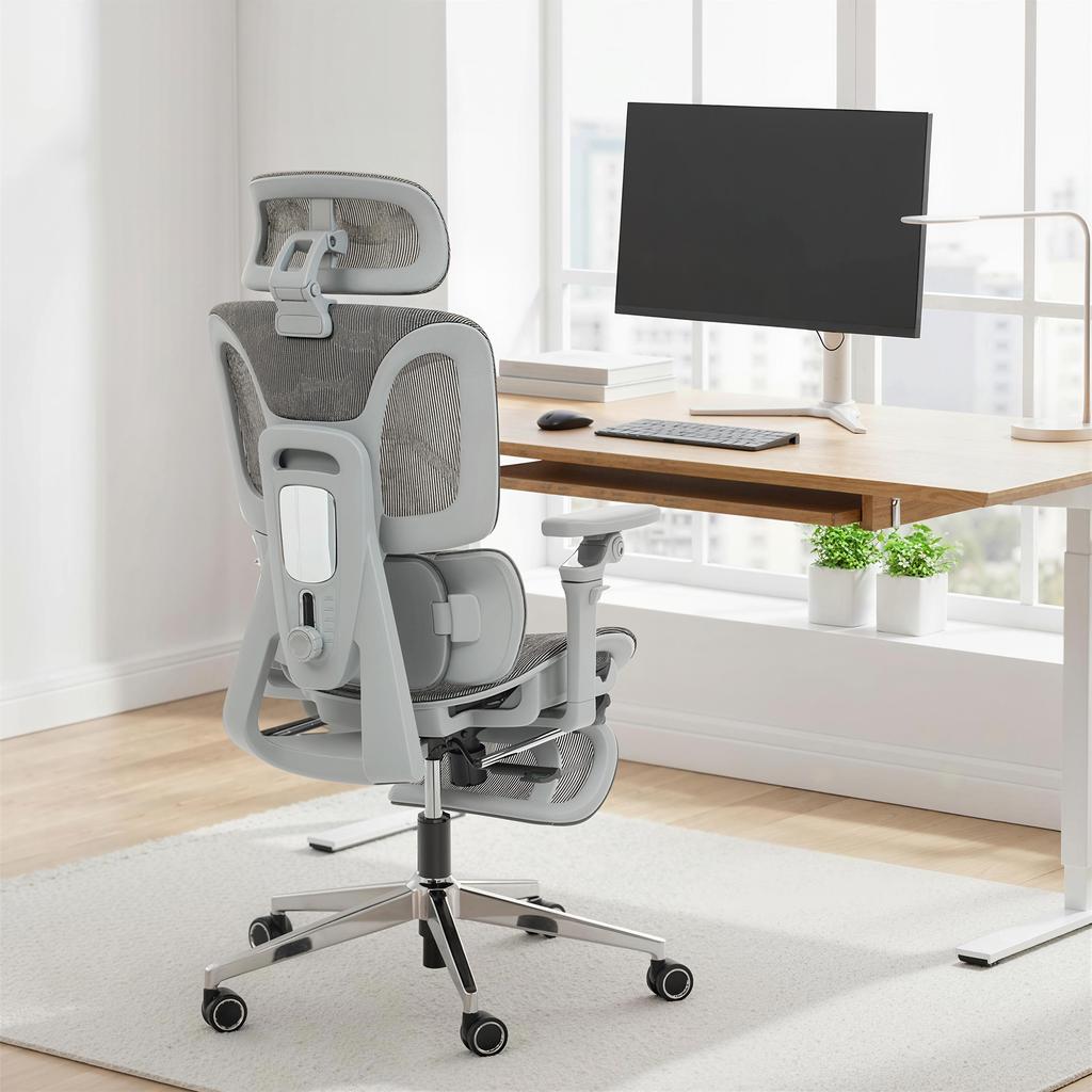 Office Chair, Ergonomic, 6D Armrests, Adjustable Headrest and Seat Depth, Grey Mesh