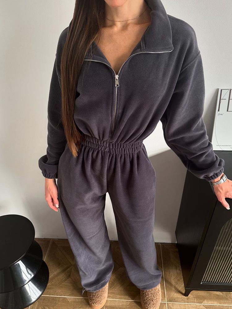 European & American Women's Spring/Autumn Long Sleeve Jumpsuit - Casual Half Open Neck, Elastic Waist Set