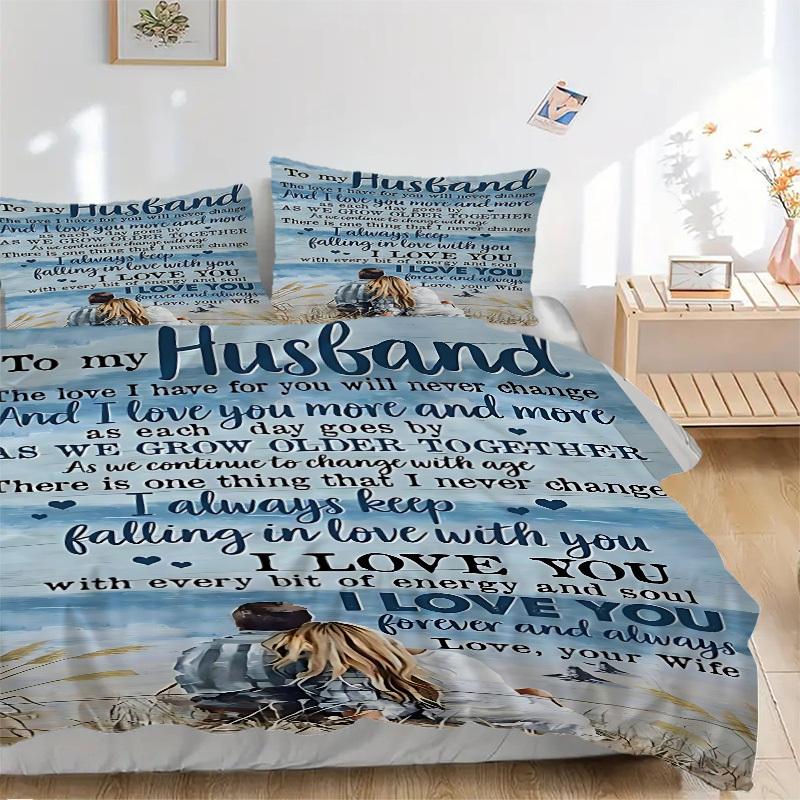 

3PCs Love Quotes for Husband Design Cover Set, Breathable Fabric, Machine Washable (1 Duvet Cover + 2 Pillowcases) (Without Quilt) yy250911178 135x200cm