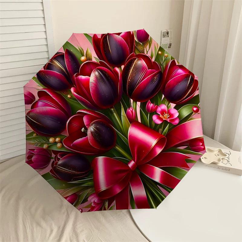

1PC Tulips Ribbon Umbrella-8-Rib Reinforced, Automatic Open, Lightweight & Durable, Fashion Accessory for Outdoor-L0314