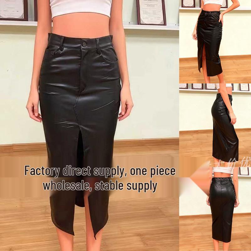 2025 Autumn/Winter Leather Midi Skirt with Slit - European & American Style, Hot-Selling Women's Fashion