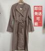 [USED] Brown Check Double-Breasted Coat, No-Collar Long Coat, Korean Style