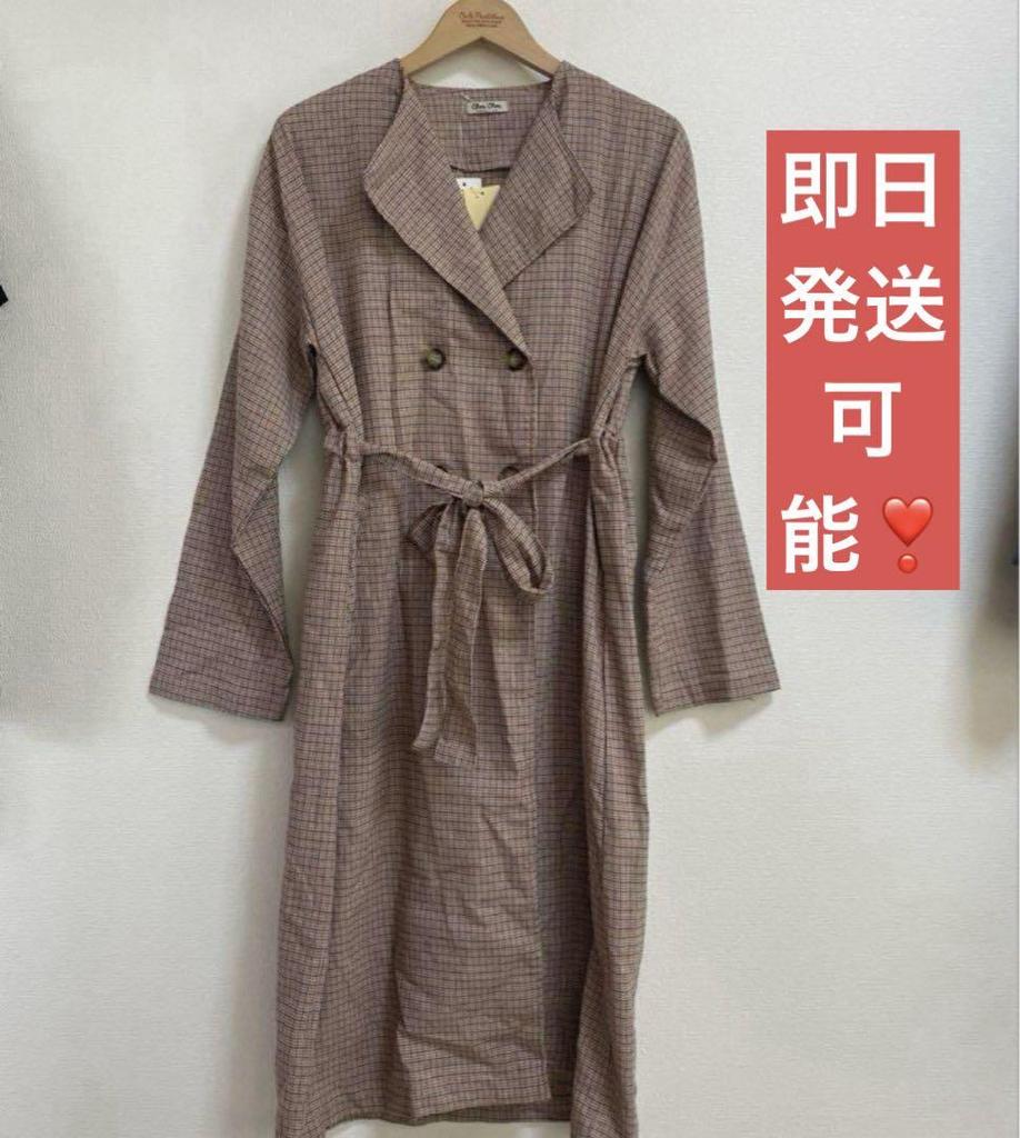 [USED] Brown Check Double-Breasted Coat, No-Collar Long Coat, Korean Style