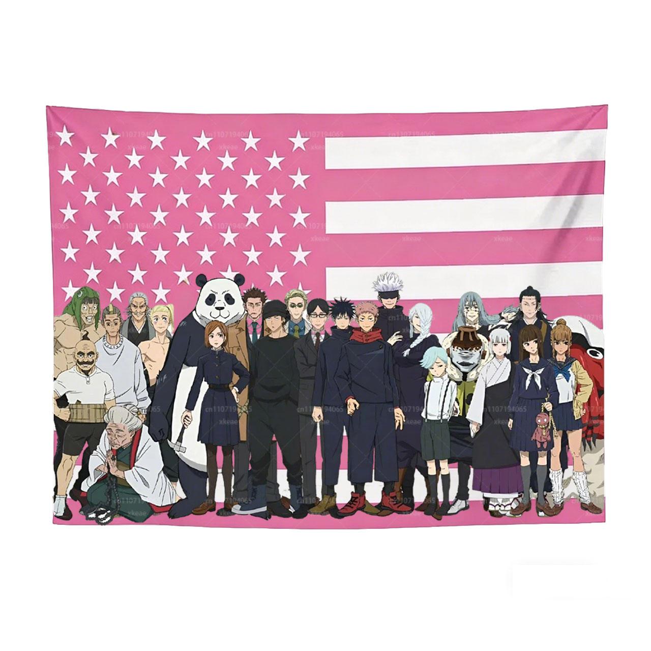 

Jujutsu Kaisen Full Cast Tapestry Pink American Flag Anime Wall Hanging Flat Print Decor for Bedroom Dorm Perfect Gift for 74x94cm(29x37in)