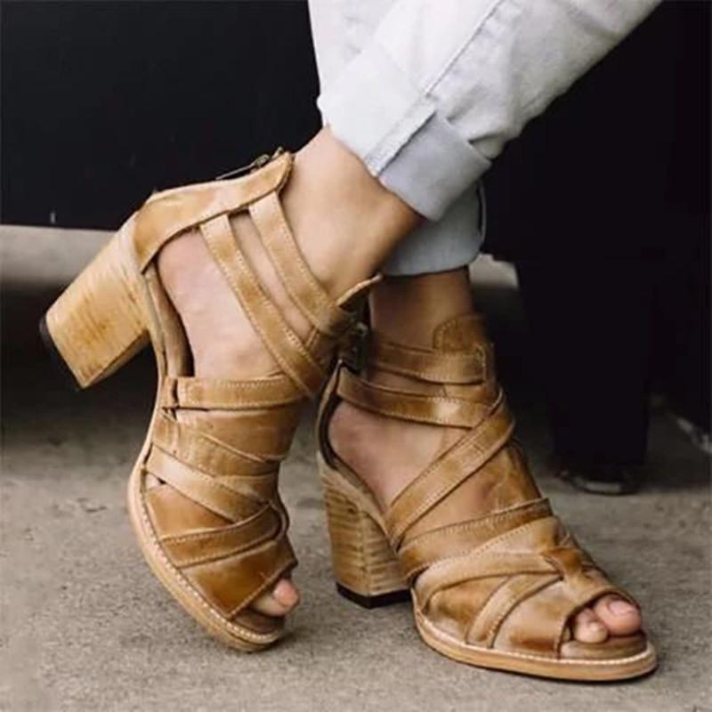 2021 Summer Plus Size Mid-Heel Roman Cross Strap Women s Sandals 39