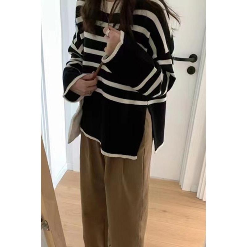 Korean Fashion Striped Knitted Pullover Sweater Women Autumn and Winter New Casual Simple Retro Loose Outside Wearing Long Sleeve Loose Crew Neck Tops