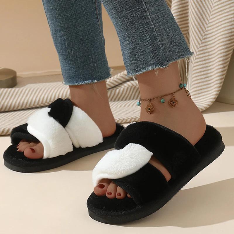 

Fashion Contrast Color Cross Strap Fur Slippers Women Open Toe Non Slip Indoor Home Slides Woman Autumn Winter Comfort Plush Slippers 36-37 черный белый