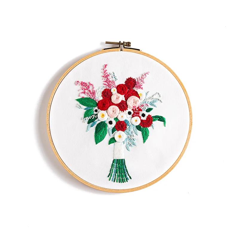 DIY Flowers Plants Pattern Embroidery Set Needlework Tools, Printed Beginner Embroidery Round Cross Stitch Kit Sewing Craft Kit