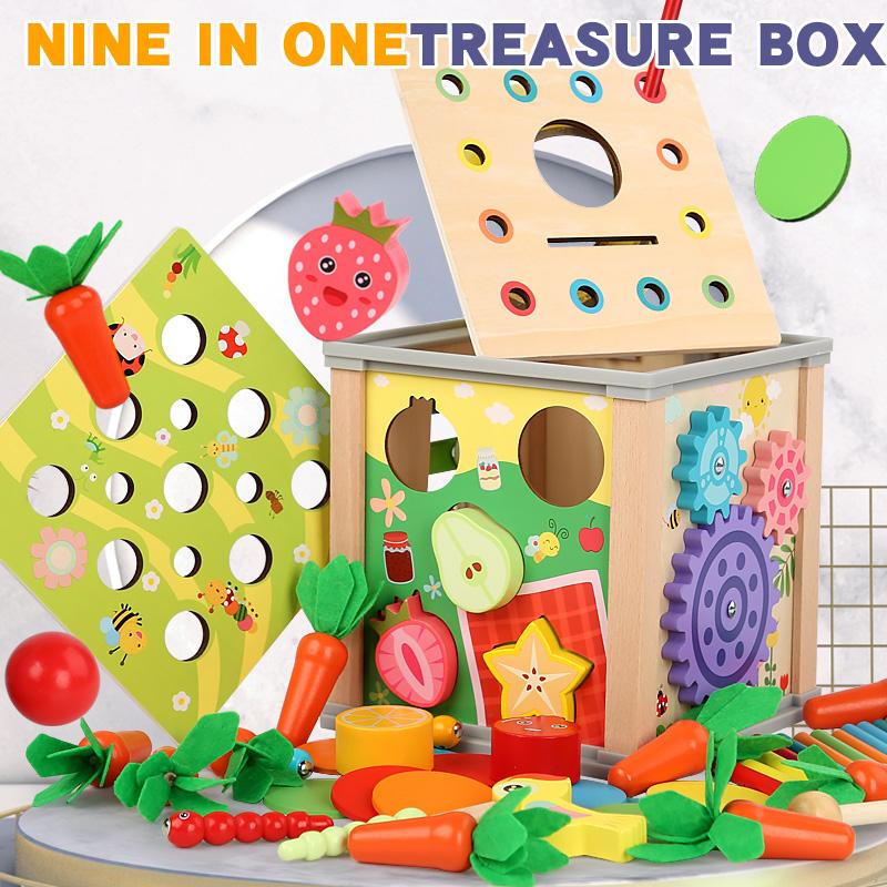 9 In 1 Montessori Permanence Box Carrots Toys Child Wooden Shape Sorting & Matching Educational Toys for Kid Over Age 1-Year-Old