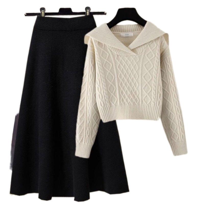 Petite Two-Piece Set: Peter Pan Collar Cable Knit Sweater + High-Waisted A-Line Knit Midi Skirt, Autumn/Winter Style.