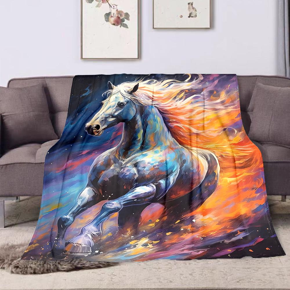 1PC Fiery Colorful Galloping Horse Printed Blanket All Seasons Multi-purpose Blanket Suitable for Sofa, Camping, Travel RV