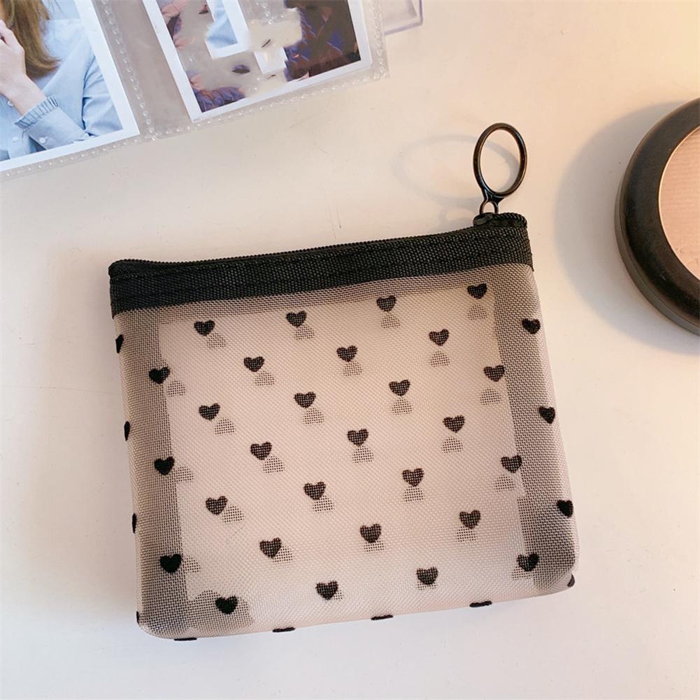 1Pc Women Necessary Cosmetic Bag Transparent Travel Organizer Fashion Toiletry Bags Mesh Heart Printed Makeup Pouch Storage Bags