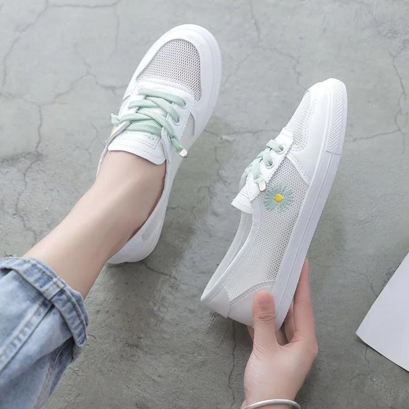 

Fashion Women Spring Summer Flats Sneakers Mesh Breathable Tennis Casual Light Hollow Lace Up Femininos White Comfort Shoes 40 зелёный