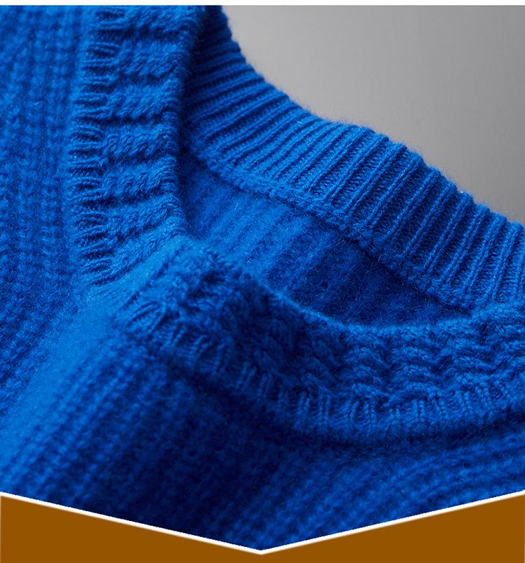 Men's 100% Wool Round Neck Sweater - Thickened, Fashionable, Casual Loose Fit for Teens, Solid Color Knitted Design.