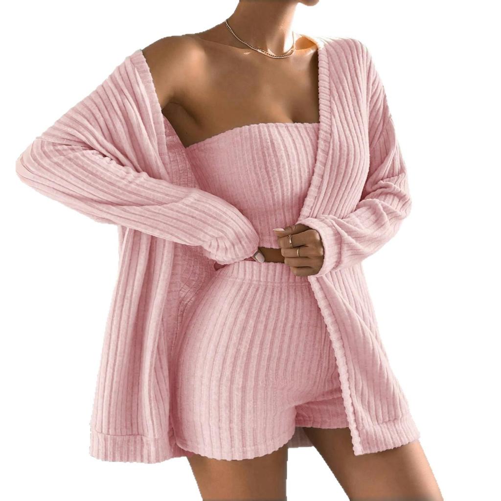 Cross-Border Brushed Ribbed Women's Three-Piece Pajama Set: Long Sleeve Cardigan, Bandeau, and Shorts - Wear Indoors or Out