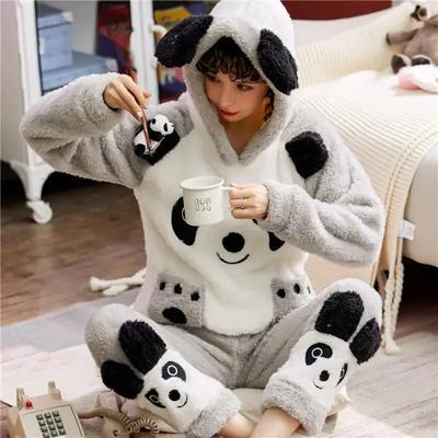 Completo Pigiama con Cappuccio in Flanella da Donna Autunno/Inverno Carino Ispessito Lunga Pelliccia Sintetica Abbigliamento da Casa Capo Esterno