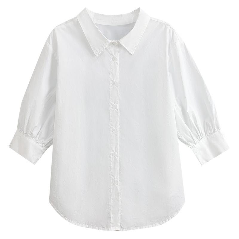 White Blouse Womens Seven-quarter Sleeves Latest Korean Version Lantern Sleeves Top Comfortable Fit Leisure Pure Cotton Blouse
